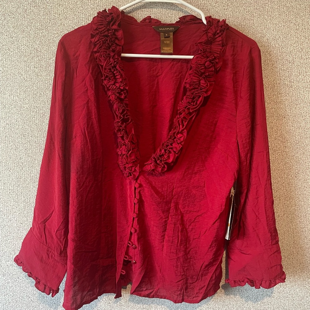 Multiples Missy Poppy Fields‎ Ruffle V-Neck Blouse Red M4617B60 Poppy Womens S